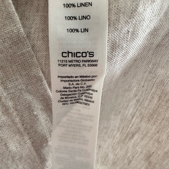 Chico’s Foiled 100% Linen Tan Tie Front Collared Shirt Dress Pockets Beige, sz 1 - Picture 9 of 10